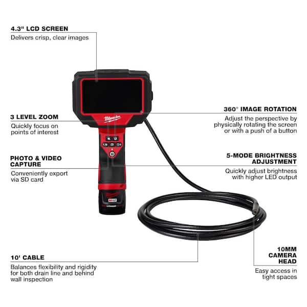 Milwaukee M12 12-Volt Lithium-Ion Cordless M-SPECTOR 360-Degree 10 ft.  Inspection Camera Kit w/M12 HACKZALL Reciprocating Saw Kit 2324-21-2520-21XC  - The Home Depot