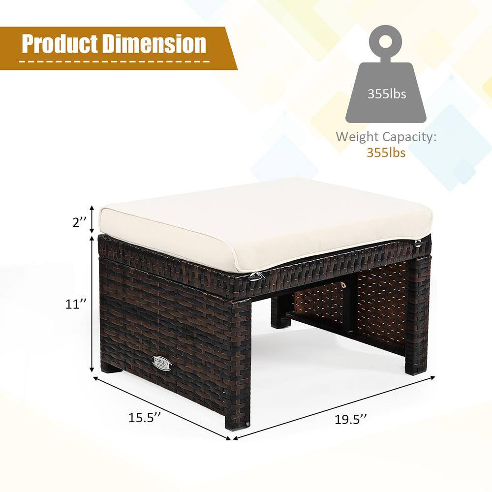 White PE Rattan Outdoor Ottomans with Cushions, Set of 2