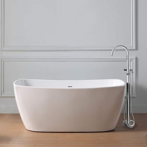 Birkett 56 in. Freestanding Flatbottom Soaking Bathtub with Center Drain in White Including Chrome Freestanding Faucet