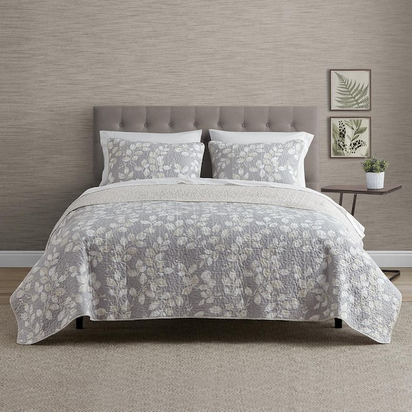 DESIGN STUDIO Camden Leaves Grey/Neutral 3-Piece Cotton Quilt Set - Full/Queen