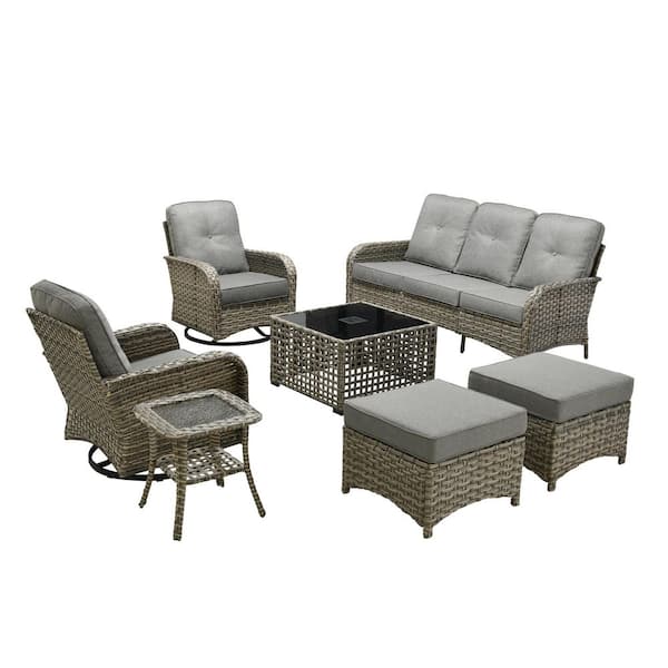 Beverly Gray 7-Piece Wicker Patio Conversation Sofa Swivel Chairs Set with Ottomans and Dark Gray Cushions