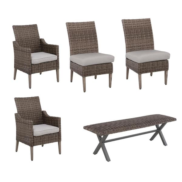 Hampton Bay Rock Cliff 5-Piece Stationary Wicker Outdoor Dining Set with CushionGuard Riverbed Tan Cushions (4 chairs & bench)