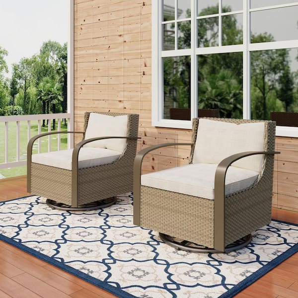 INMITOM 2-Piece Outdoor Wicker Swivel Patio Lounge Chair Set with Beige Cushions