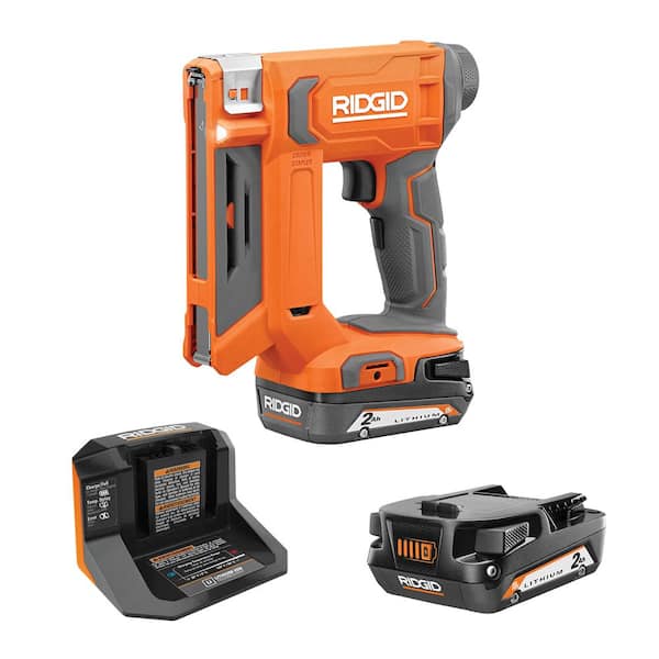 RIDGID 18V Cordless 3/8 in. Crown Stapler Kit  2.0 Ah Battery, Charger, and Extra 2.0 Ah Battery