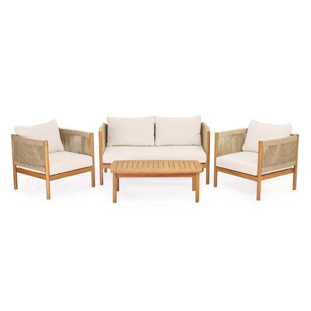 4-Piece Acacia Wood and Beige Rope Outdoor Sofa Set with Cream Cushions Teak price history on PriceWatchPro