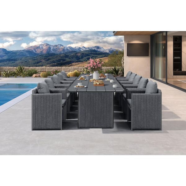 13-Piece Aluminum Outdoor Dining Set All-Weather Modern Rectangular Dining Table and Chairs with Olefin Cushions, Grey