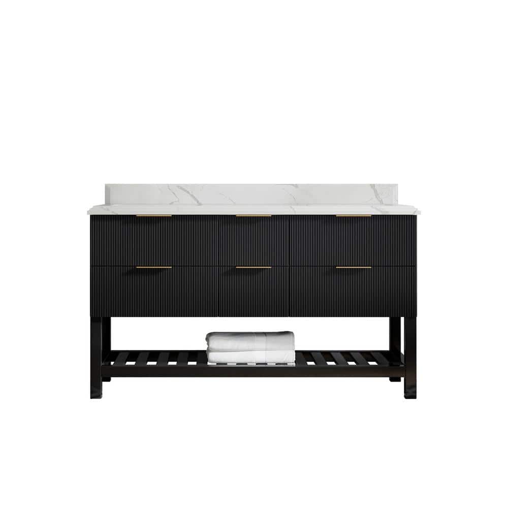 "Catalina 60 in. W x 22 in. D x 36 in. H Double Sink Bath Vanity in Black with 1.5"" Calacatta Quartz Top" price history on PriceWatchPro