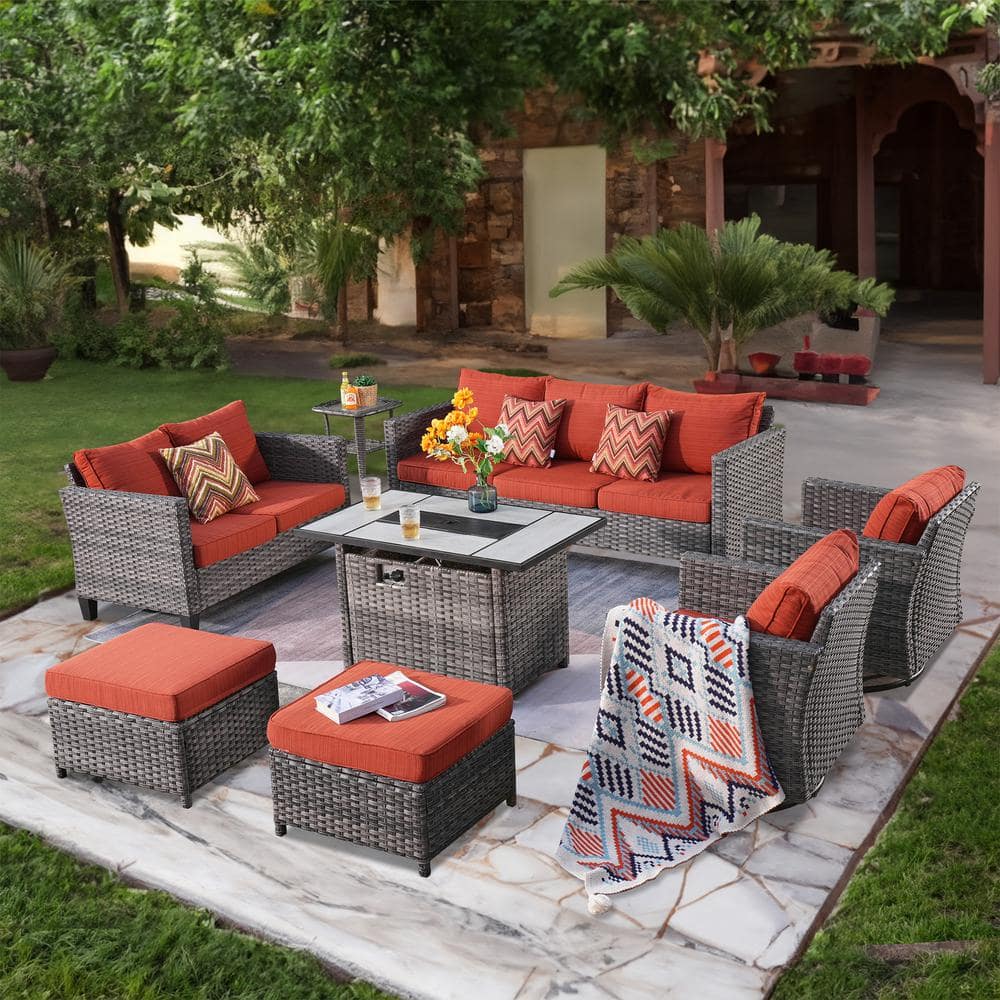XIZZI Moonshadow Gray 8-Piece Wicker Patio Rectangular Fire