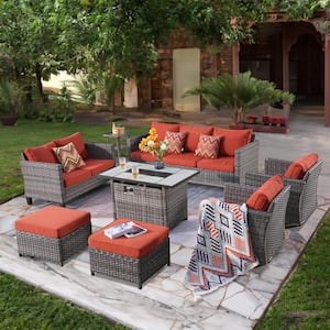 Moonshadow Gray 8-Piece Wicker Patio Rectangular Fire Pit Set with Orange Red Cushions and Swivel Rocking Chairs