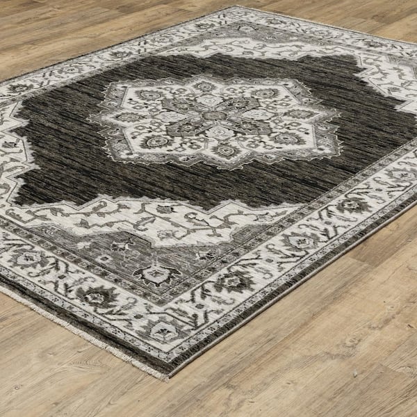 Channing Charcoal/Ivory 8 ft. x 11 ft. Center Oriental Medallion Polyester Fringe Edge Indoor Area Rug