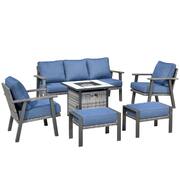 Walden Grey 6-Piece Wicker Steel Outdoor Patio Conversation Sofa Set with a Fire Pit and Denim Blue Cushions