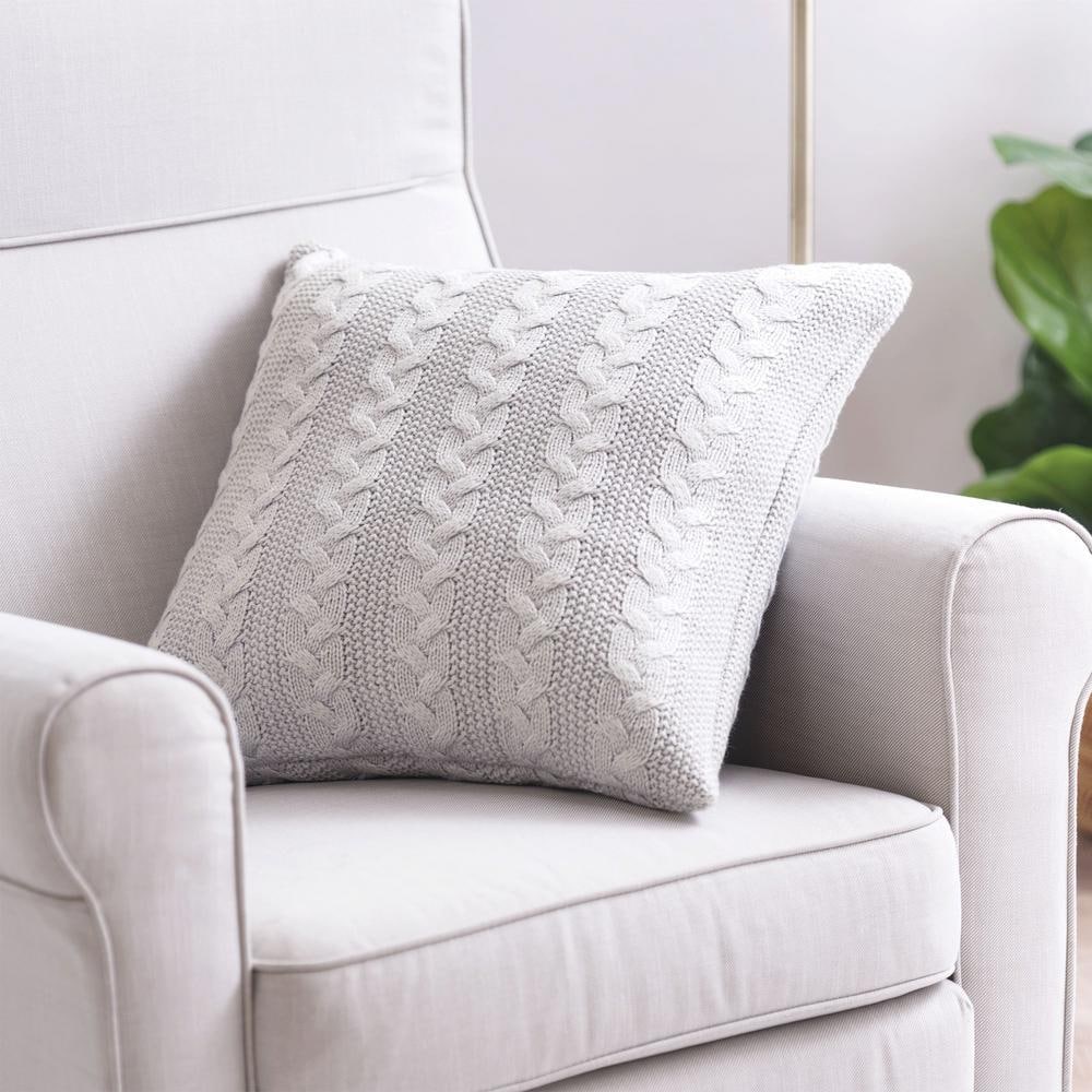 Light Gray Acrylic Cable Knit Square Throw Pillow