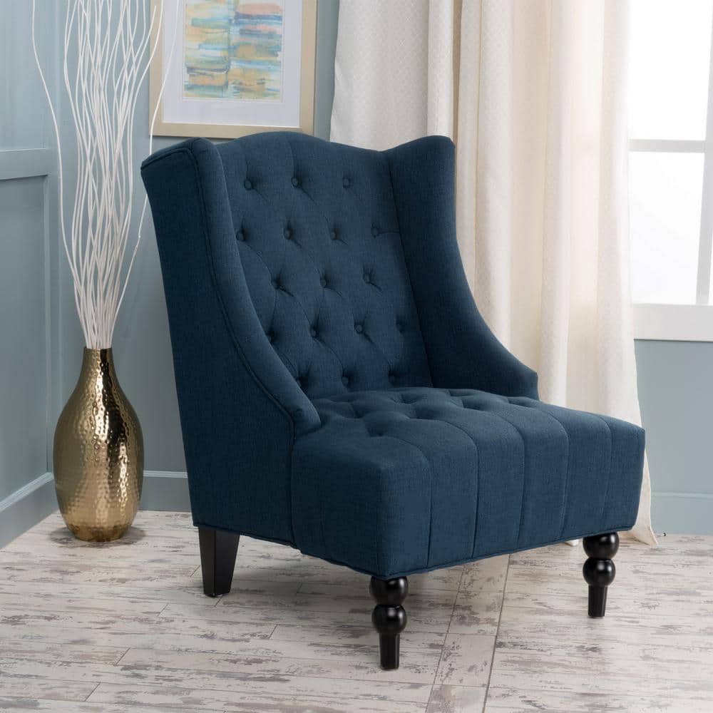 Toddman High Back Blue Tufted Accent Chair with Wood Legs