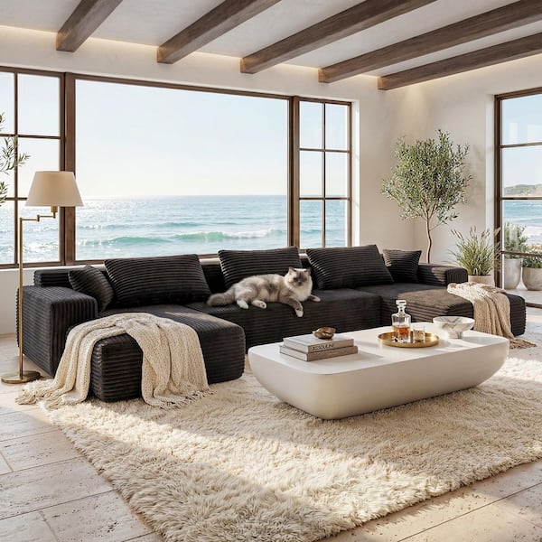 134 in. Square Arm Corduroy Upholstery U-Shaped with Removable Covers and 5 Pillows Modular Sectional Sofa in Green