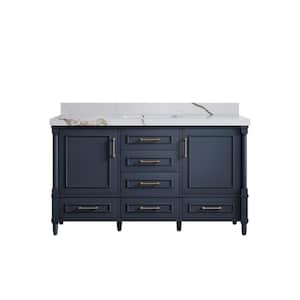 Hudson 60 in. W x 22 in. D x 36 in. H Double Sink Bath Vanity in Navy Blue with 2 in. Calacatta Gold qt. Top