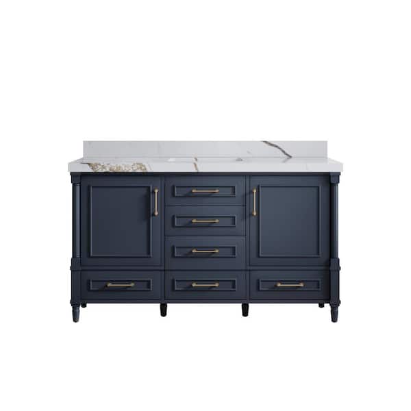 Willow Collections Hudson 60 in. W x 22 in. D x 36 in. H Double Sink Bath Vanity in Navy Blue with 2 in. Calacatta Gold qt. Top