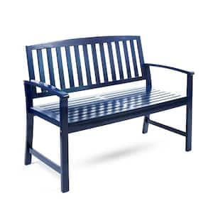 Farmhouse Style 2-Person High-Quality Durable Solid Acacia Wood Outdoor Bench with Back, Stable and Sturdy in Blue