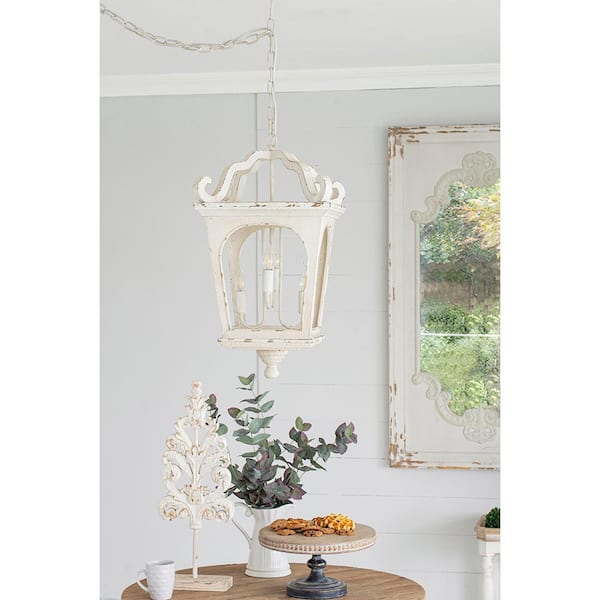 4-Light Cream White French Country Farmhouse Wood Chandelier with Adjustable Chain, Bulb Not Included