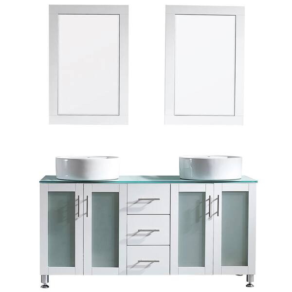 ROSWELL Tuscany 60 in. W x 22 in. D x 30 in. H Vanity in White with Glass Vanity Top in Aqua Green with Basin and Mirror