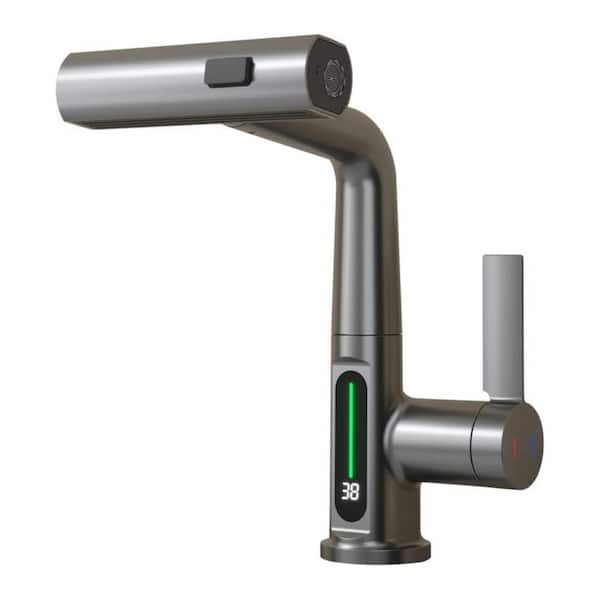 Boyel Living Single Handle Pull Out Sprayer Kitchen Faucet in Gray with LED Temperature Digital Display