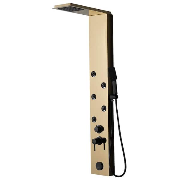 Dual 4-in-1 5-Jet Rainfall Shower Panel System with Rainfall Waterfall Shower Head and Shower Wand in Black Gold
