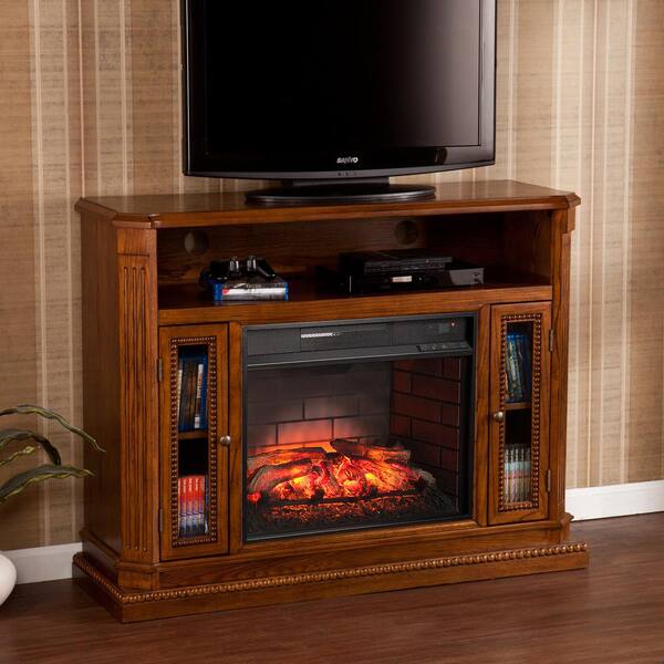 Southern Enterprises Amsterdam 47.25 in. Freestanding Media Infrared Electric Fireplace TV Stand in Rich Oak