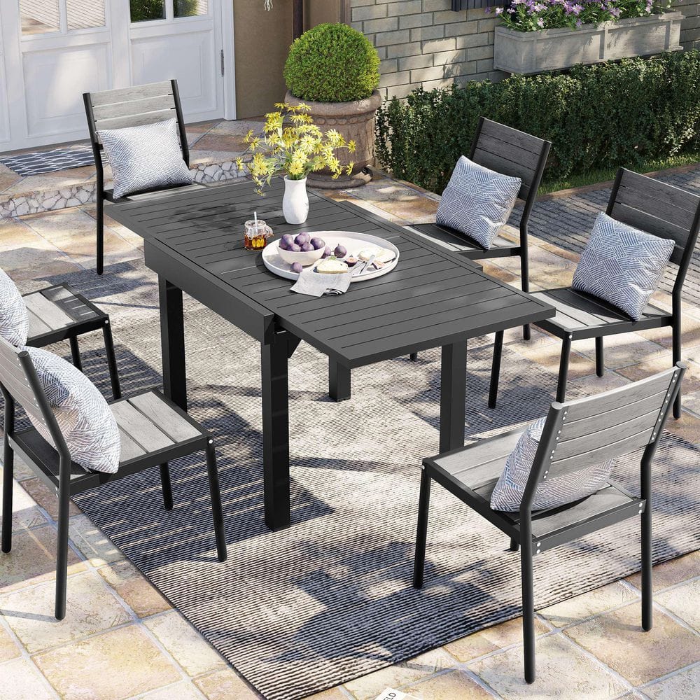 7-Piece Aluminum Patio Outdoor Dining Set Rectangle Extendable Table and Armless Stacking Wood-Like Chairs, Gray