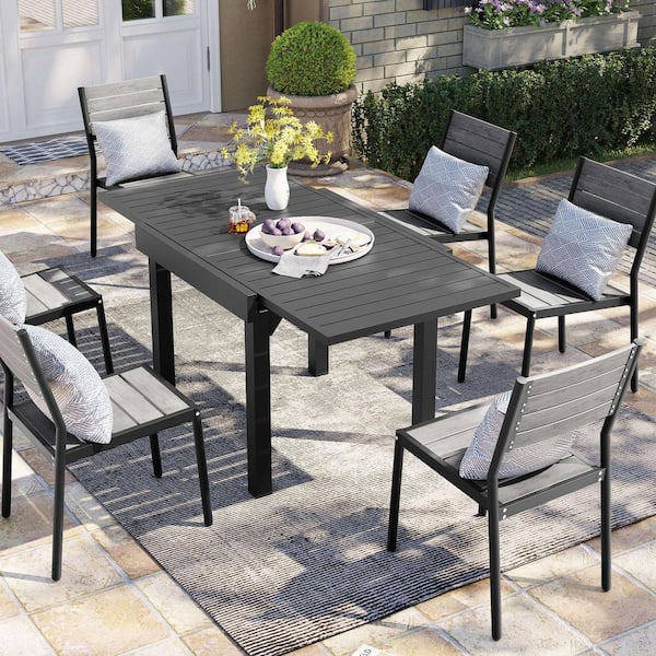 7-Piece Aluminum Patio Outdoor Dining Set Rectangle Extendable Table and Armless Stacking Wood-Like Chairs, Gray