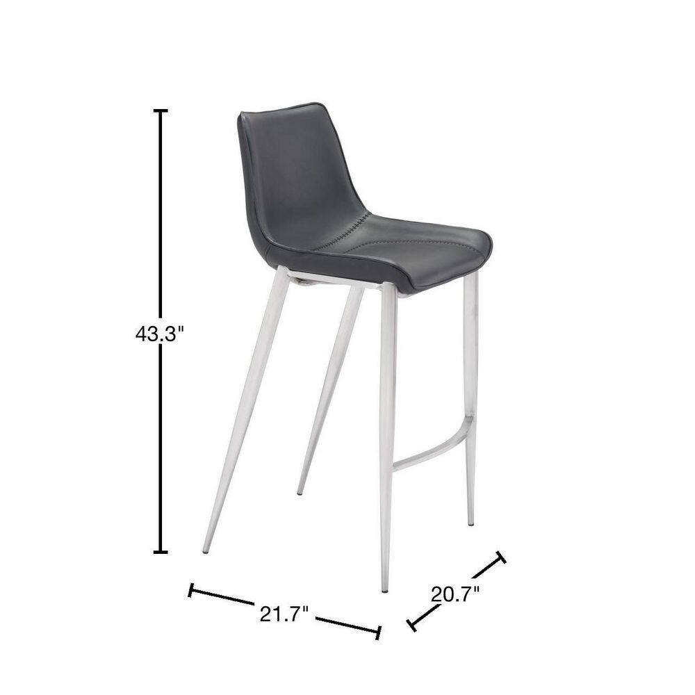 Transitional Magnus 20.7" Black Metal Bar Stool with Silver Accents