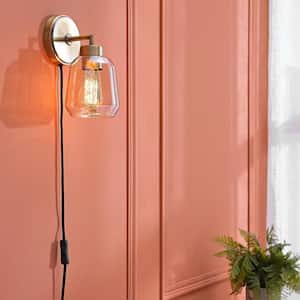 Salma 1-Light Matte Brass Plug-In or Hardwire Wall Sconce with Smoked Amber Glass Shade and In-Line On/Off Switch