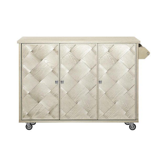 Champagne Wood 51.2 in. Handwoven Design Farmhouse Kitchen Island with Drop Leaf and Three Doors