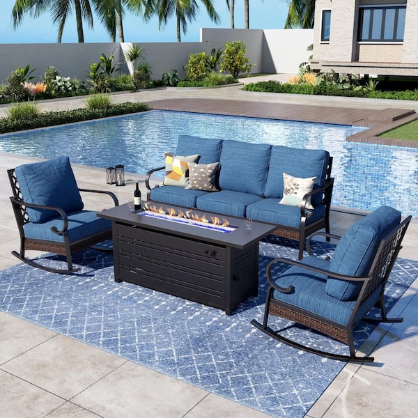 PHI VILLA 4-Piece Black Metal Outdoor Patio Conversation Set with Rocking Chair, 50000 BTU Fire Pit Table and Pacific Blue Cushion