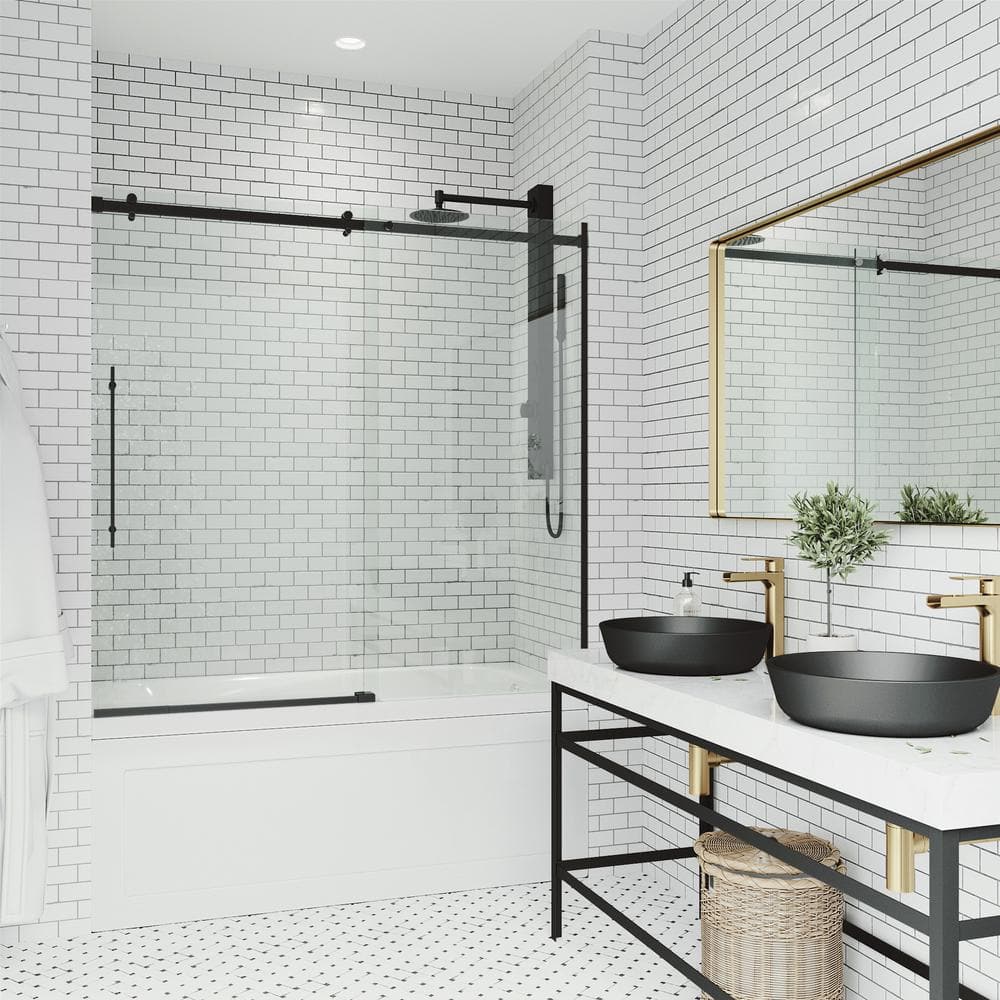 Luca 60" Matte Black Frameless Sliding Tub Door with Clear Glass