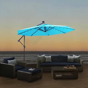 10 ft. Metal Cantilever Solar Patio Umbrella in blue with 32 LED Lights