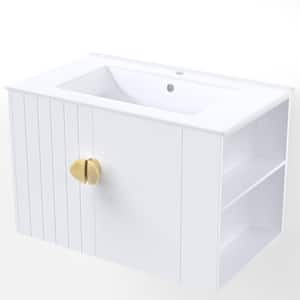 30 in. W Single Sink Floating Bath Vanity in White with Ceramic Top Unassembled, 2-Doors and Right Open Shelves