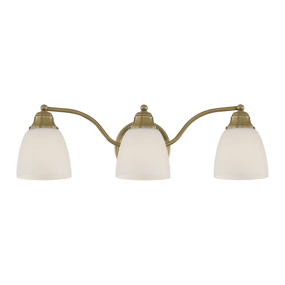 Antique Brass 3-Light Vanity with Opal Glass Shades