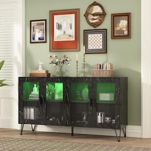 Marble Wood Grain Storage Cabinet in Black With Bluetooth, LED Lights, Tempered Glass Doors, Adjustable Shelves
