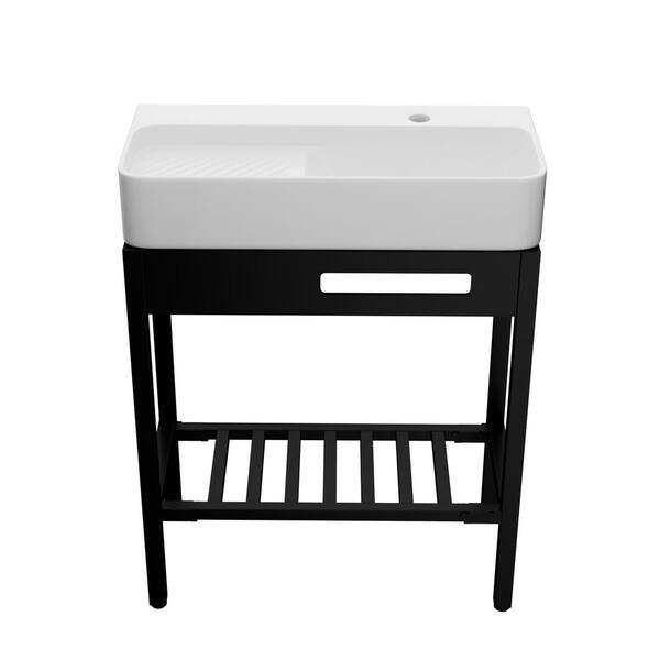 28 in. Porcelain White Rectangular Bathroom Console Sink with Black Legs