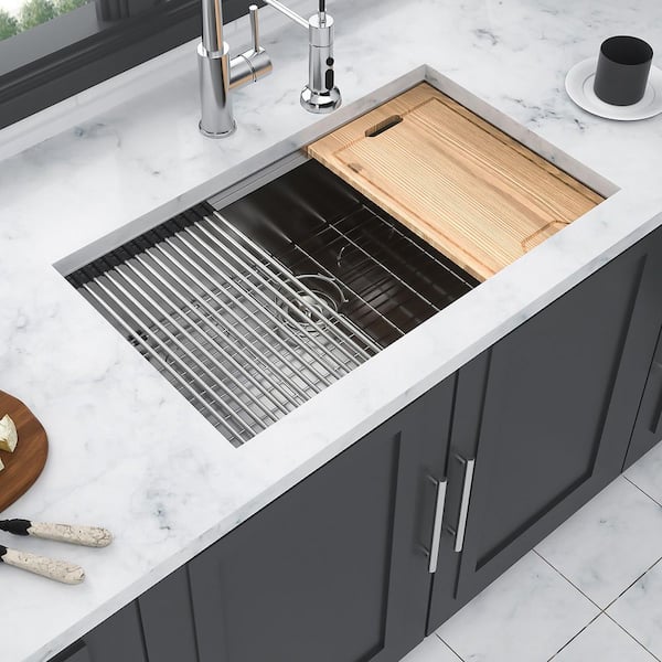 32 in. Undermount Single Bowl 16 Gauge Brushed Nickel Stainless Steel Kitchen Sink with Workstation