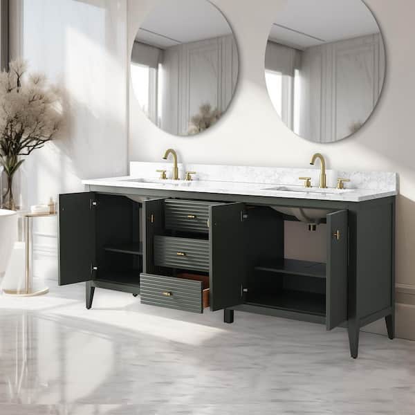 72 in. W x 22 in D x 38 in. H Double Sink Linear Vintage Green Bath Vanity Cabinet with White Engineered Marble Top