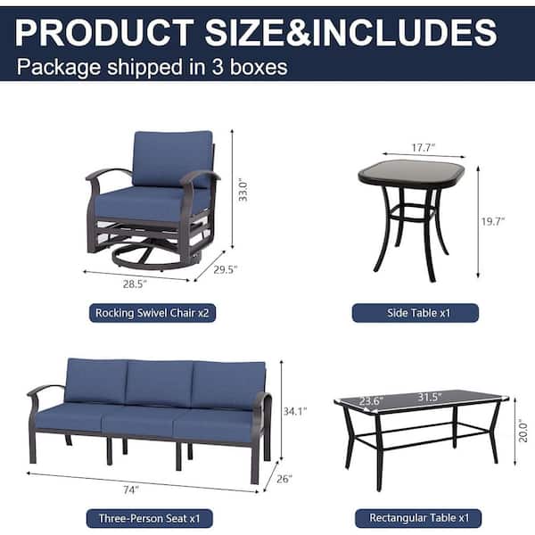4-Piece Patio Aluminum Conversation Set with Swivel Rocking Chairs, Rectangular Coffee Table and Navy Cushions, Outdoor
