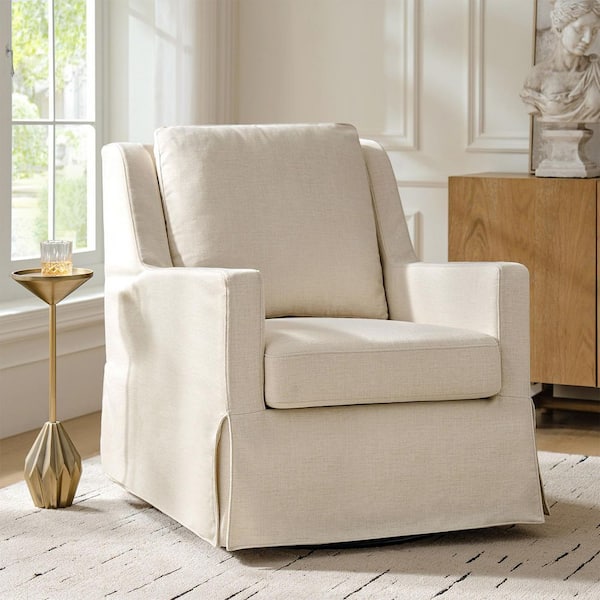 Andres Beige Farmhouse Slipcovered Polyester Swivel Arm Chair with Pillow Back