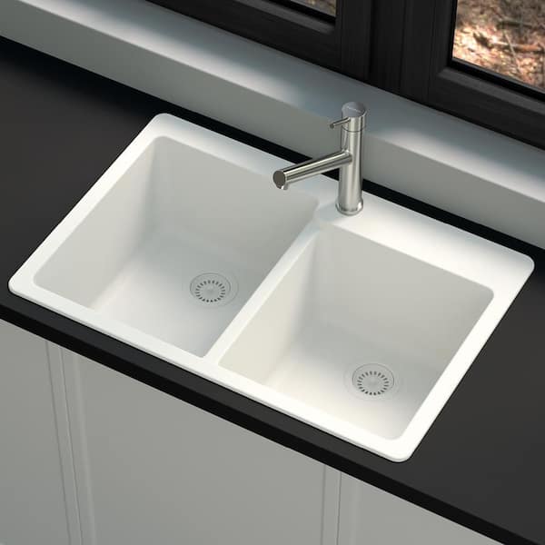 Stonehaven 33 in. Drop-In 60/40 Double Bowl White Ice Granite Composite Kitchen Sink with White Strainer