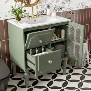 30 in. W x 18.3 in. D x 34.13 in. H Single Sink Freestanding Bath Vanity in Green with White Resin Top and Storage