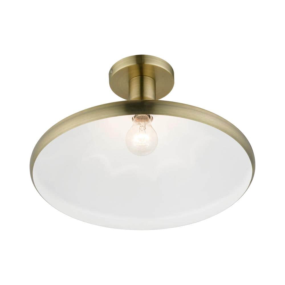 Antique Brass Cone Semi-Flush Mount Light with White Shade