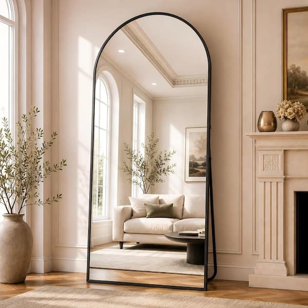 30 in. W x 71 in. H Arched Classic Black Aluminum Alloy Framed Oversized Full Length Mirror Floor Mirror