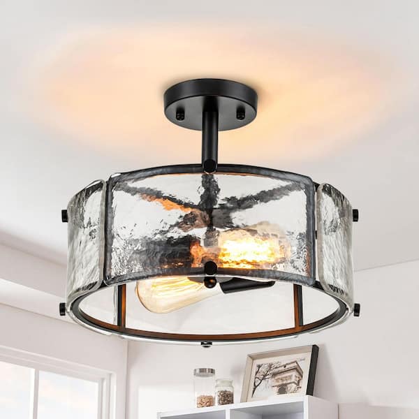Modern 2-Light 12.8 in. Black Semi Flush Mount Ceiling Light with Textured Water Glass Shades for Hallway, Bedroom
