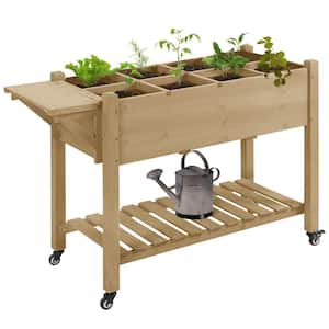 49" x 21" x 34" Raised Garden Bed w/8 Grow Grids, Outdoor Wood Plant Box Stand w/Folding Side Table and Wheels, Natural