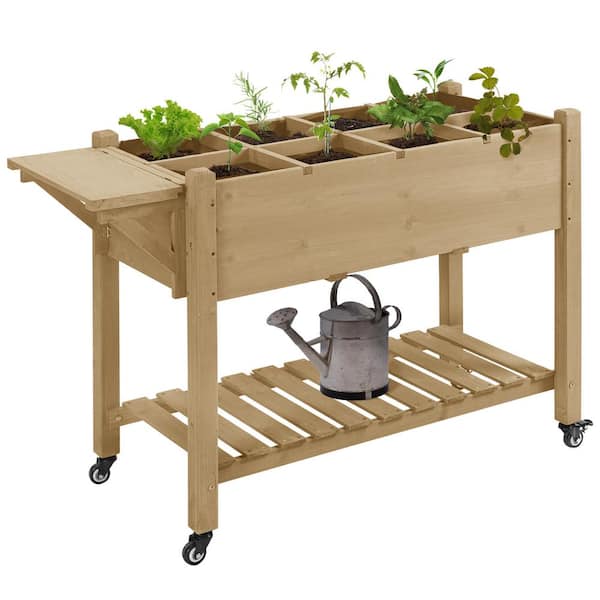 Outsunny 49" x 21" x 34" Raised Garden Bed w/8 Grow Grids, Outdoor Wood Plant Box Stand w/Folding Side Table and Wheels, Natural