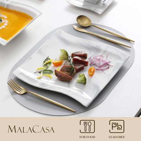 MALACASA 30-Piece Marble Grey Dinnerware Set,Porcelain Square Dinner Sets with Dinner Plates Soup Plates and Dessert Plates,Cups and Saucers Set,Service for 6,Series Flora 